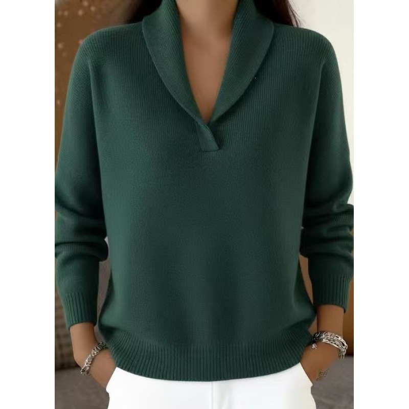 V-Neck Long Sleeve Knit Pullover Loose Solid Color Top