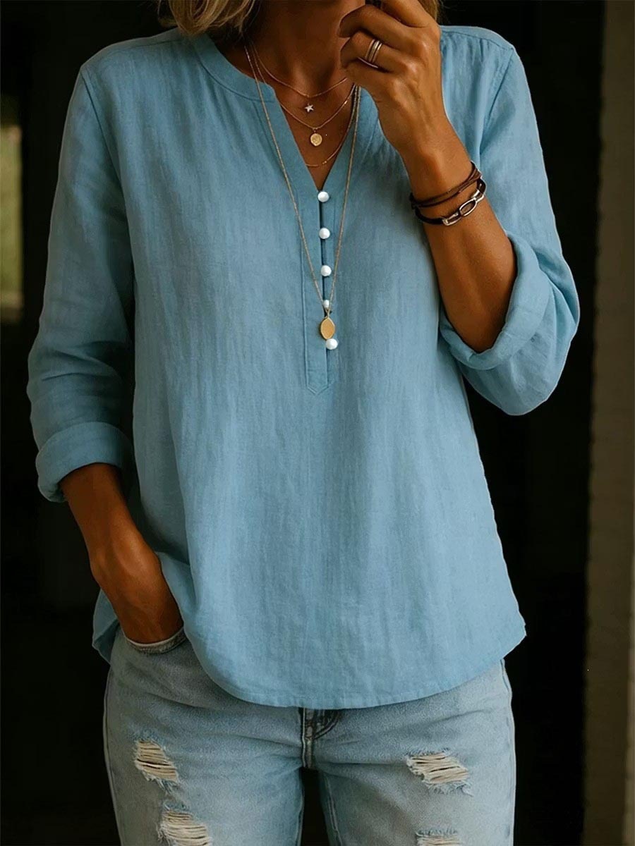 Cotton-Linen V-Neck Button-Front Long-Sleeve Top