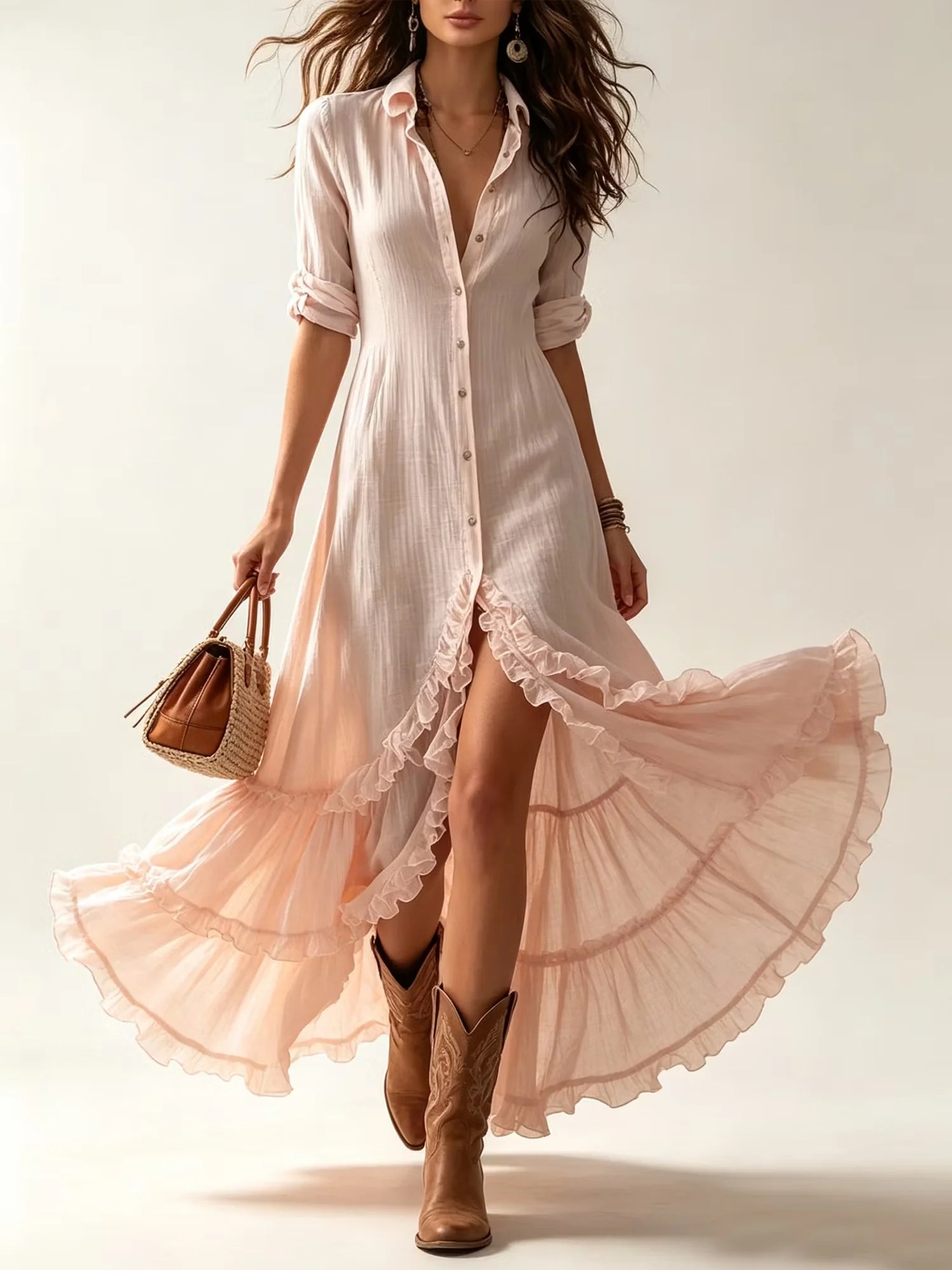 Light Pink Collared Button-Front Waist-Defined Slit Ruffle Hem Long Shirt Dress