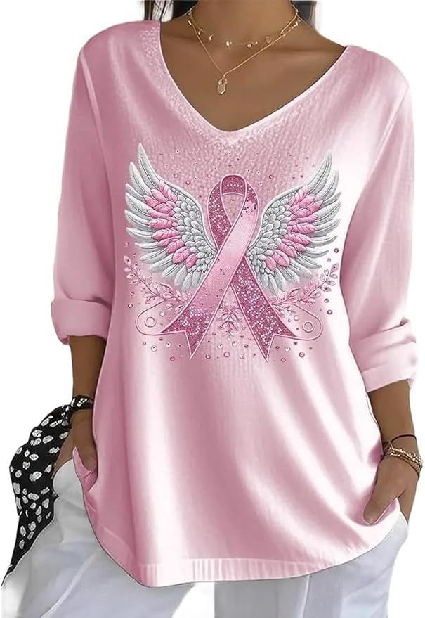Wing Ribbon Print V-Neck Half-Sleeve T-Shirt