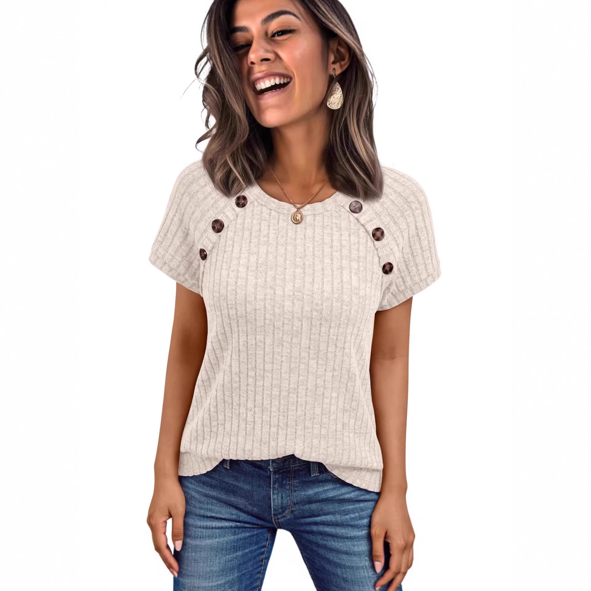 Women's Ribbed Crewneck Short Sleeve Top with Spliced Design