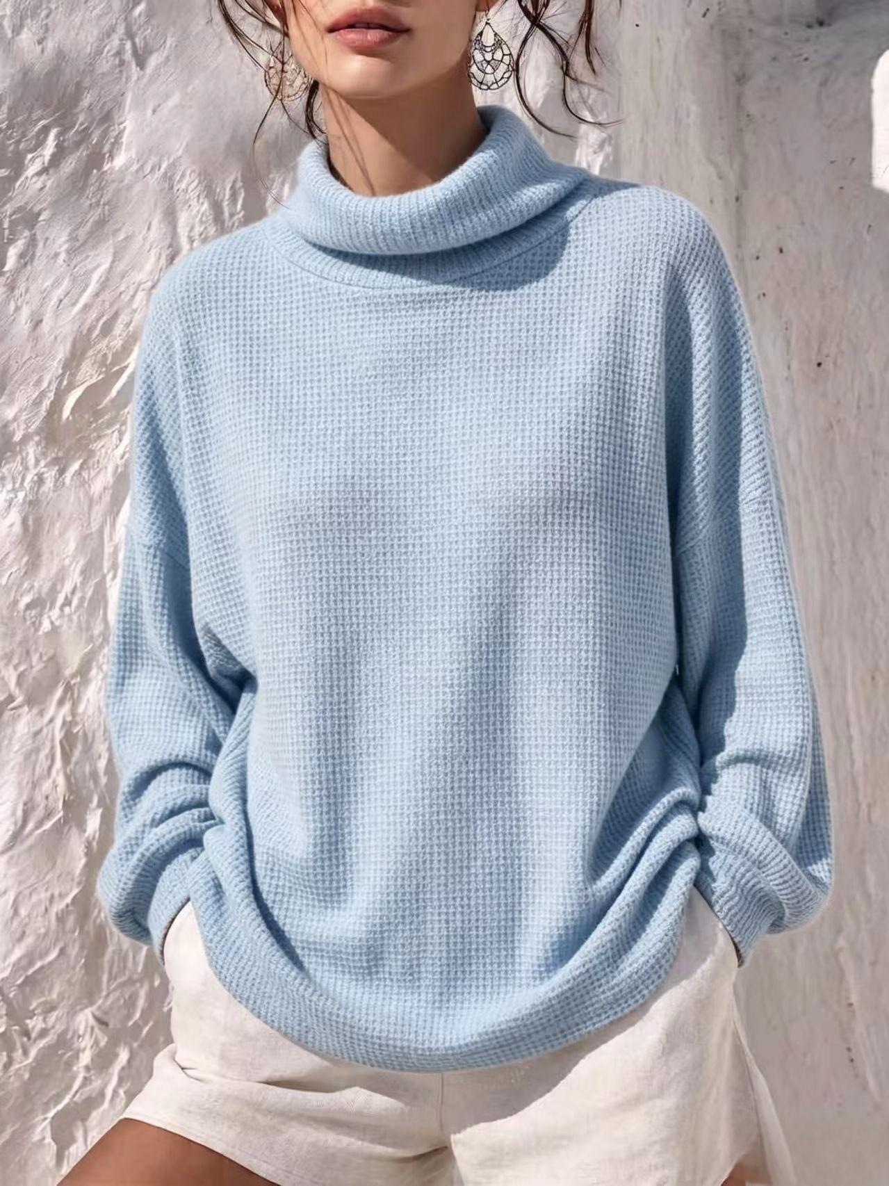Waffle Knit Long Sleeve Scarf Neck Top Women's Loose Solid Color