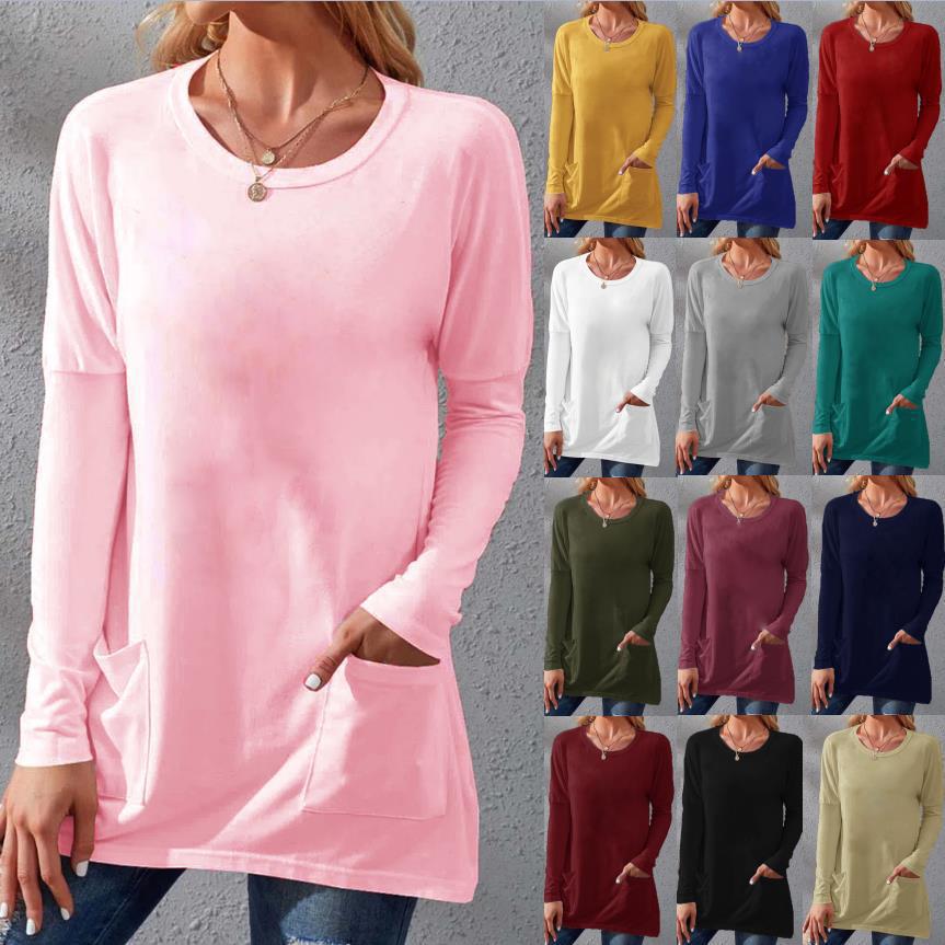Women's Loose Fit Crew Neck Long Sleeve Solid Pocket T-Shirt