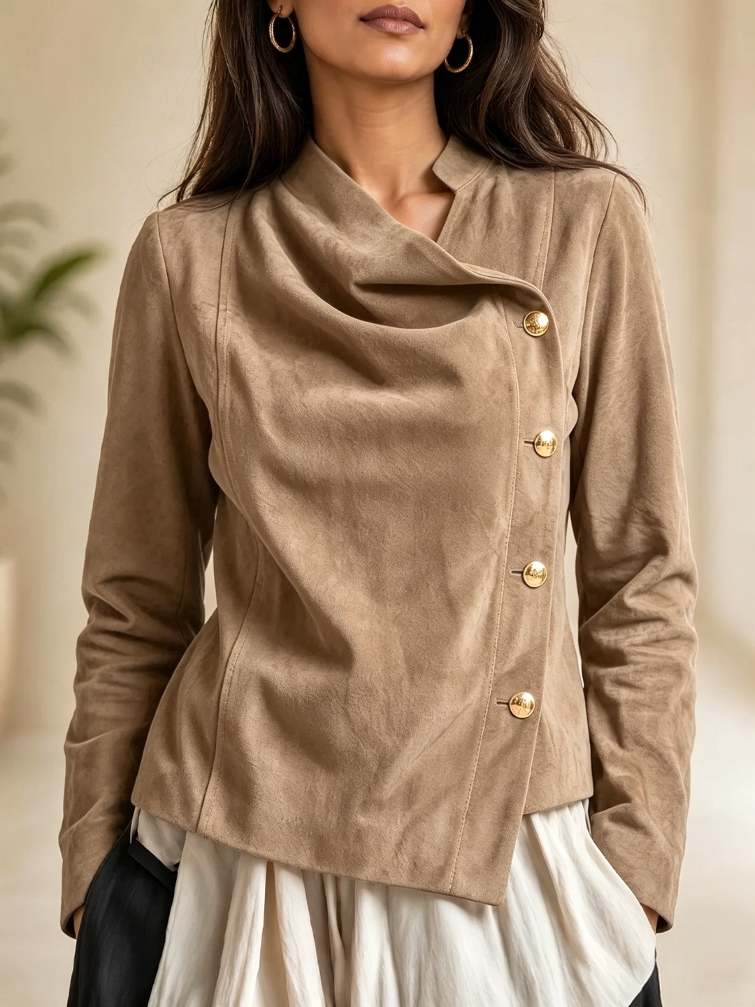 Women's Vintage Pleated Asymmetric Button Stand Collar Long Sleeve Jacket