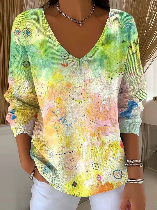 Dinosaur Floral Plaid V-Neck Long-Sleeve T-Shirt