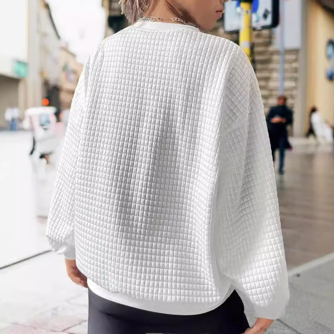 Women's Waffle Knit Long Sleeve Crewneck Sweatshirt Oversized White
