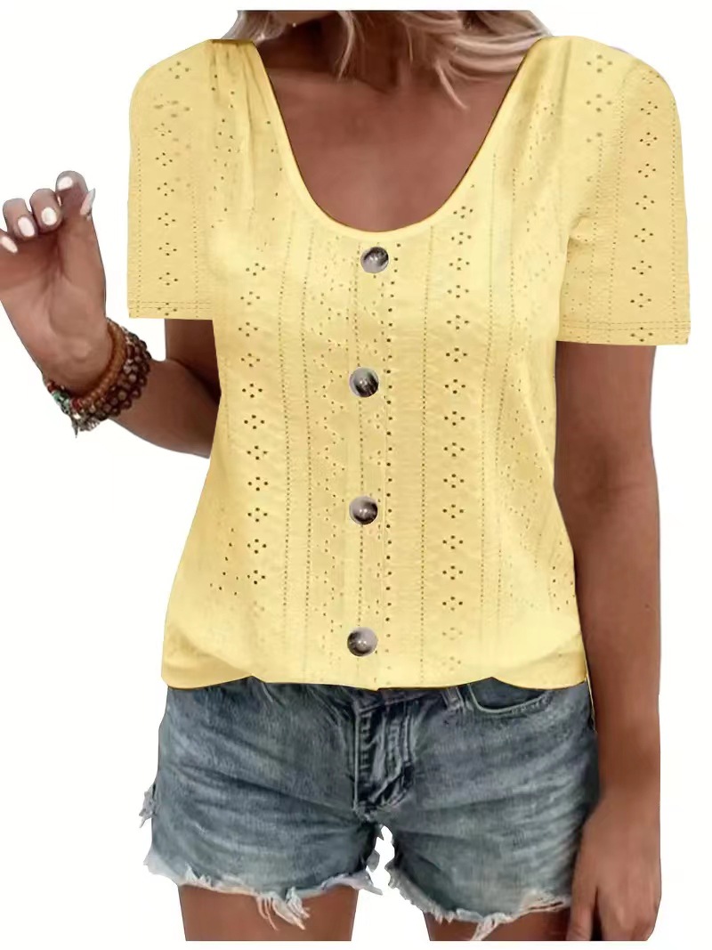 Crewneck Loose Single-Breasted Jacquard Short-Sleeve T-Shirt