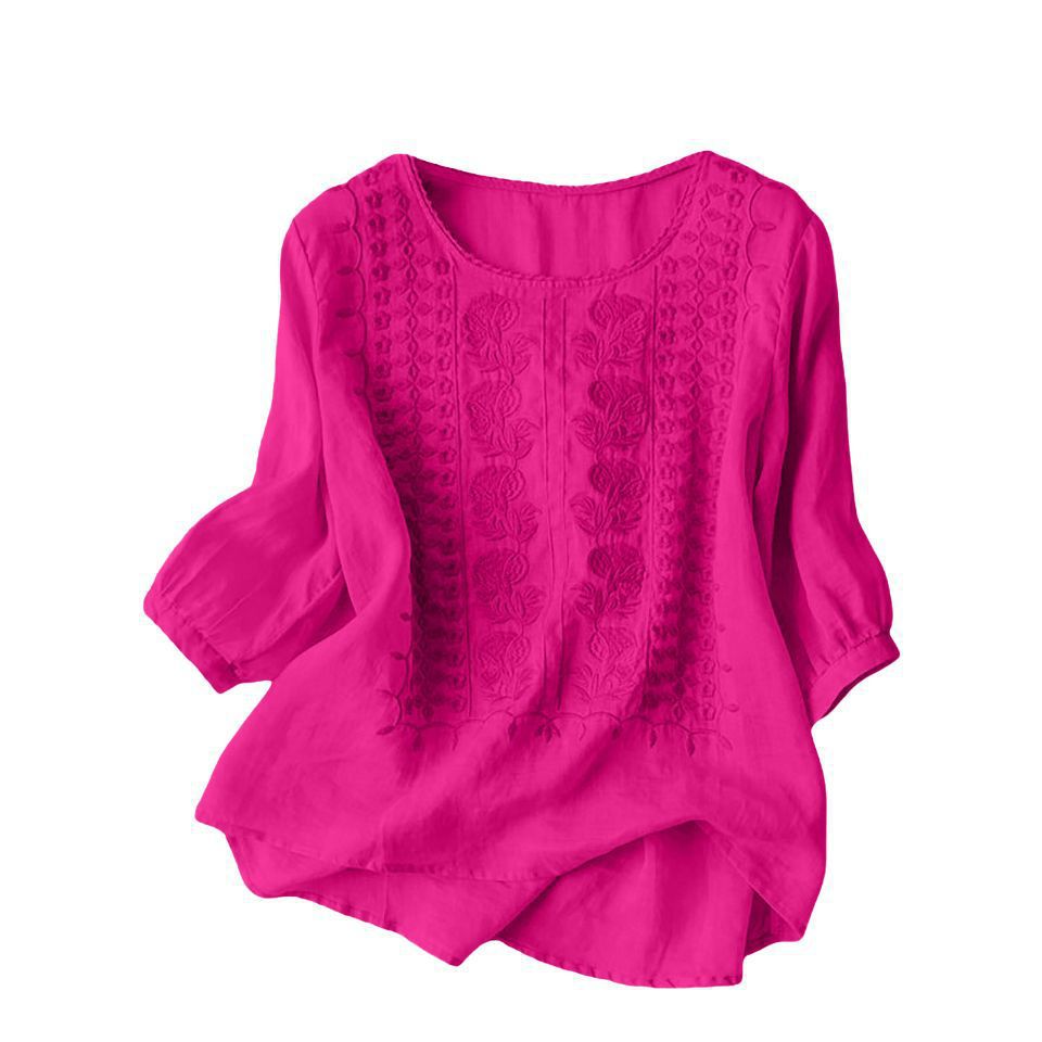 Embroidered Loose Cotton-Linen T-Shirt Women's Retro Round Neck Short Sleeve