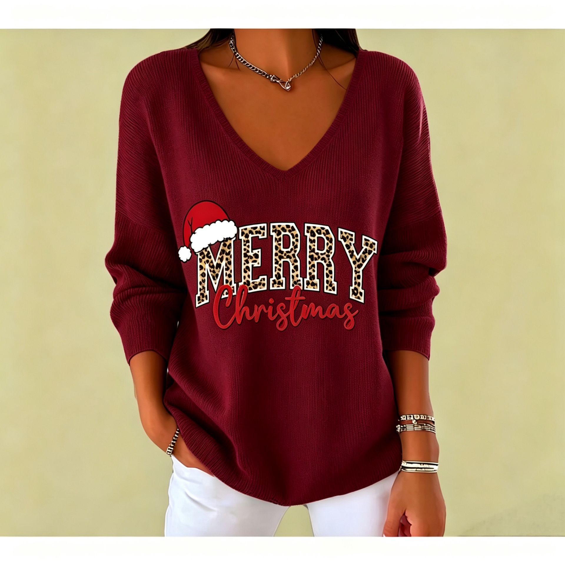 Christmas Letter Print V-Neck Long Sleeve Women's T-Shirt