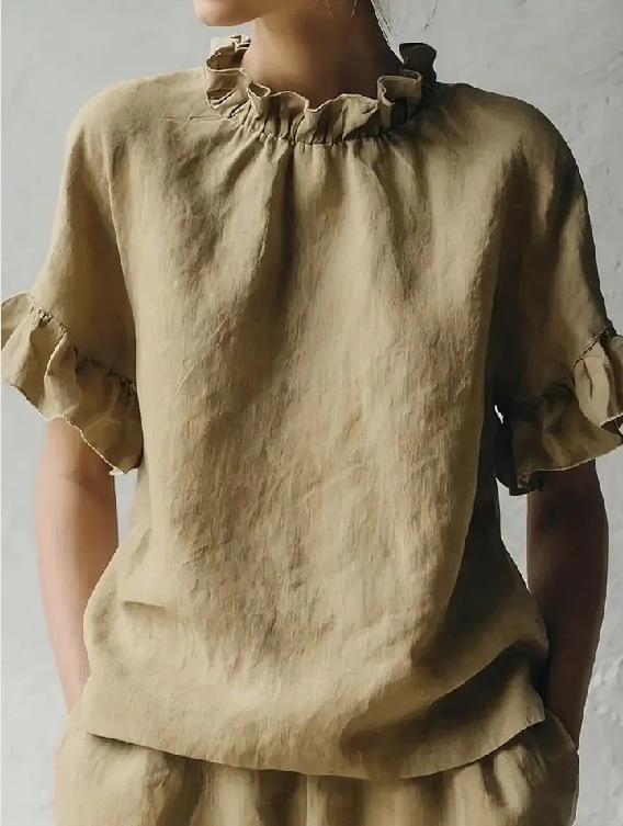 French Vintage Ruffle Ruched Crew Neck Cotton Linen Short Sleeve Top