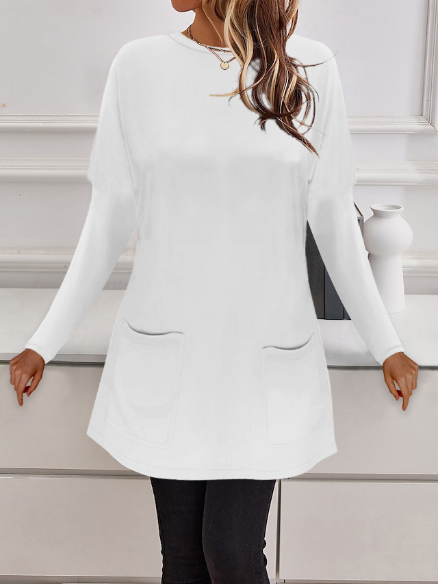 Women's Crewneck Long Sleeve Pocket Loose Casual Top T-Shirt