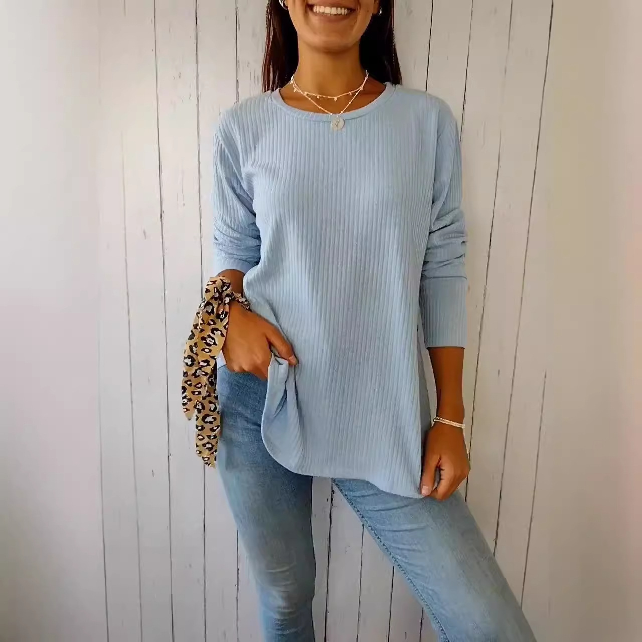 Ribbed Knit Button-Detail Crewneck Long-Sleeve Top