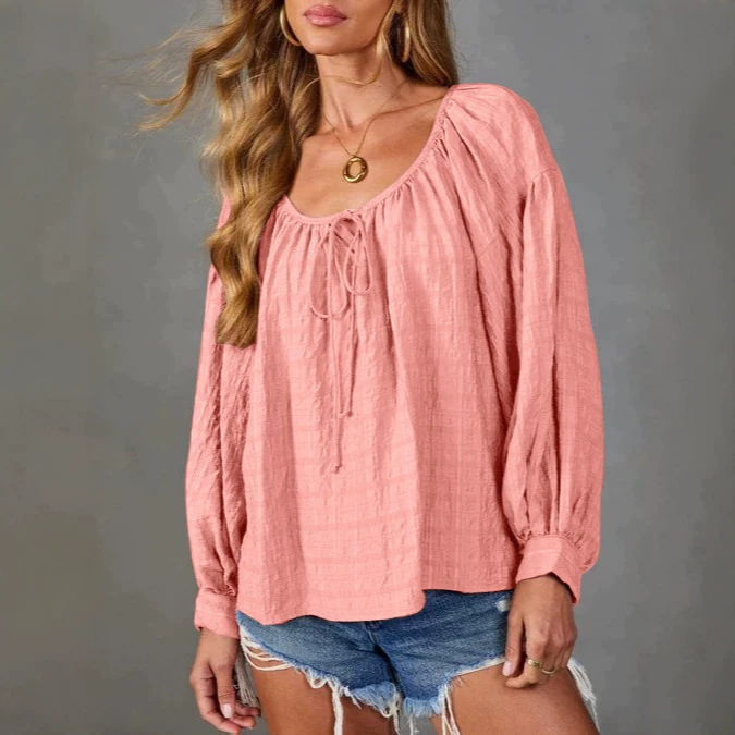 Women's Solid Color Drawstring Crewneck Long-Sleeve T-Shirt