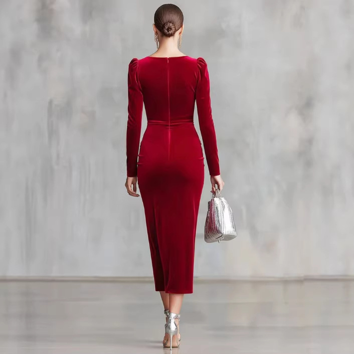 Elegant Crewneck Side-Slit Long-Sleeve Velvet Midi Dress