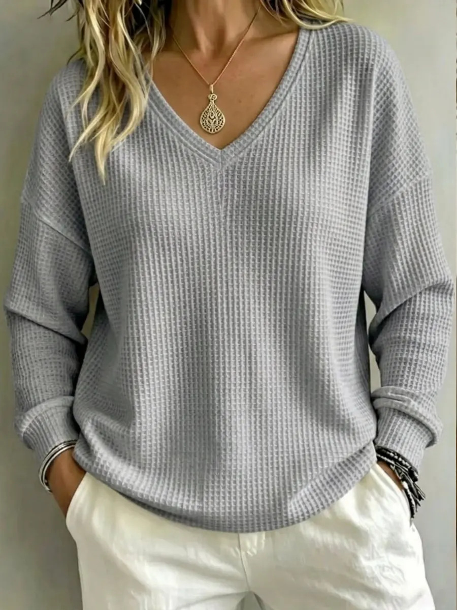 Women's Waffle Knit V-Neck Pullover Loose Casual Top