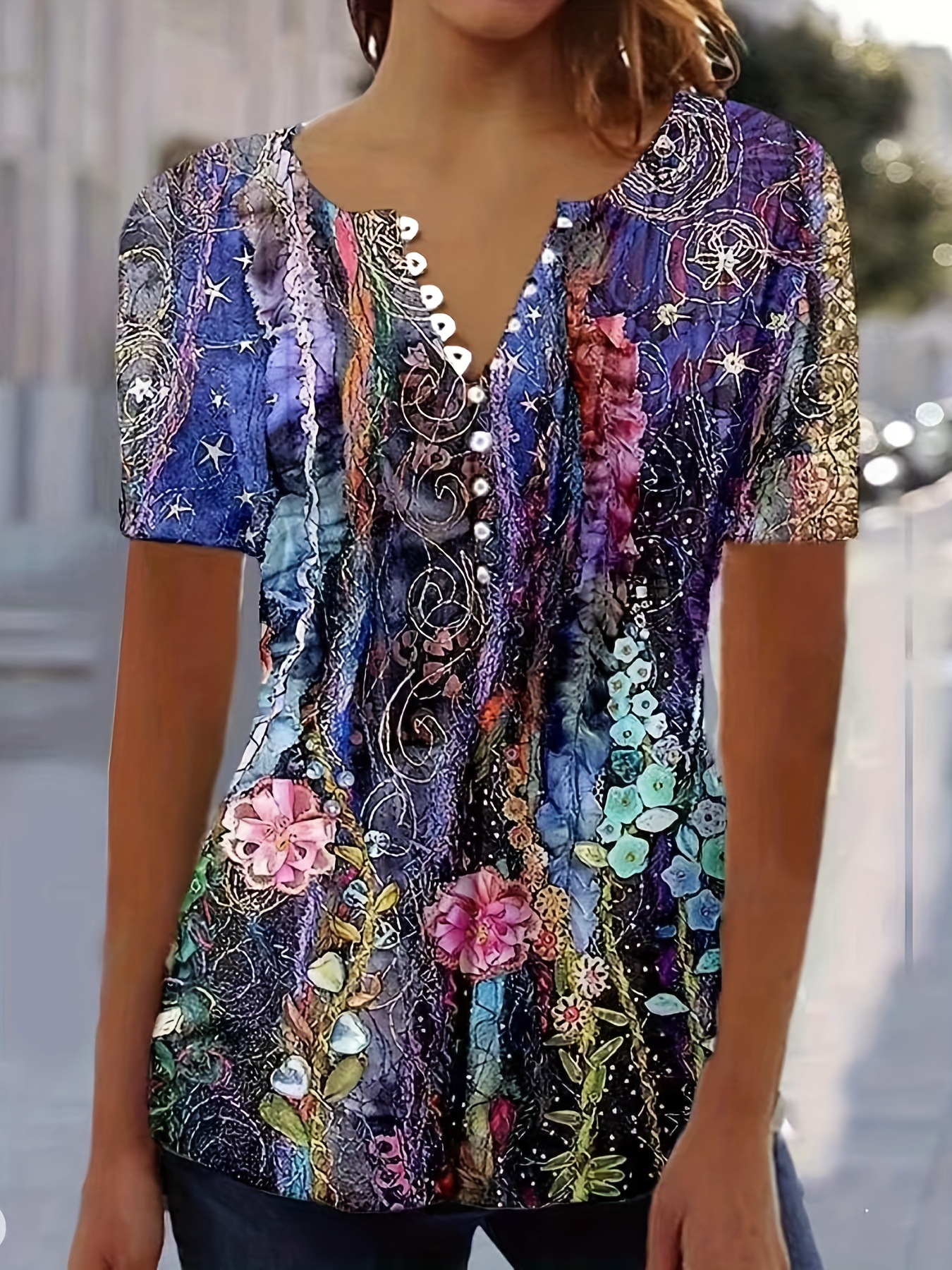 Floral Print V-Neck Button Short-Sleeve T-Shirt