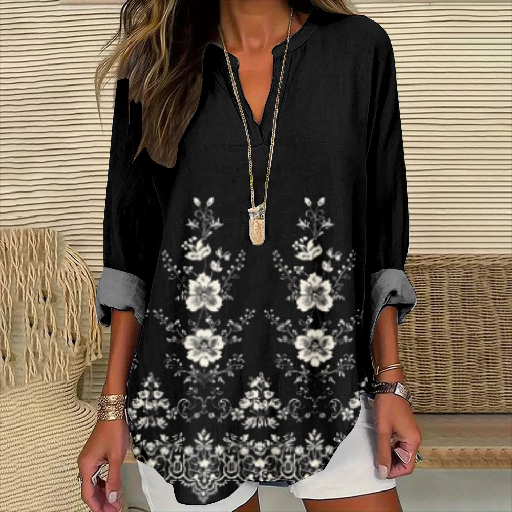 Floral Print V-Neck Long Sleeve T-Shirt for Women