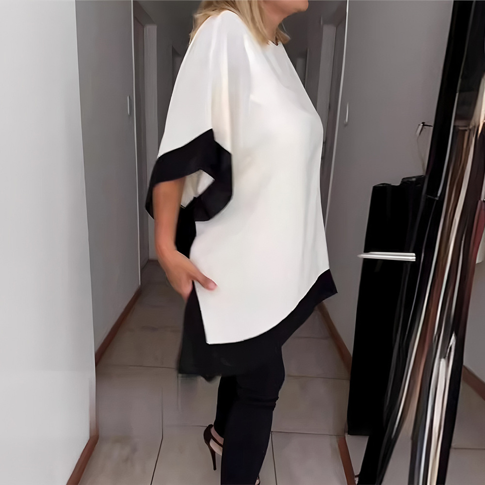 Women's Loose Crewneck Batwing Sleeve Colorblock Top Mercerized T-Shirt