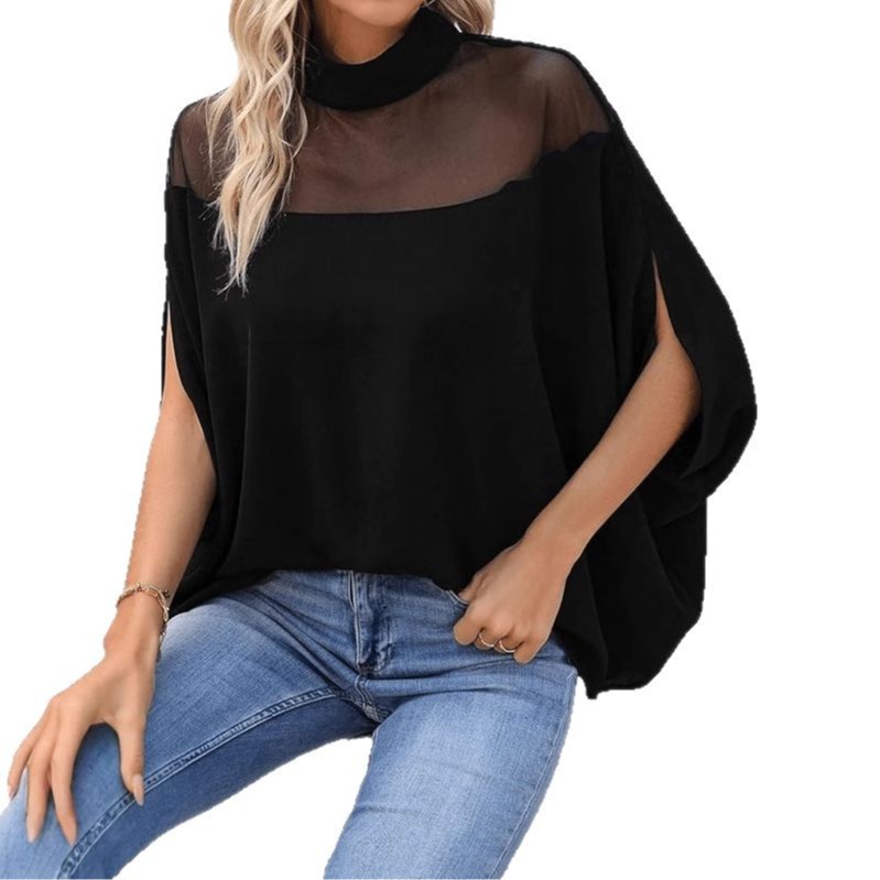 Women's Sheer Mesh Off-Shoulder Batwing Sleeve Top