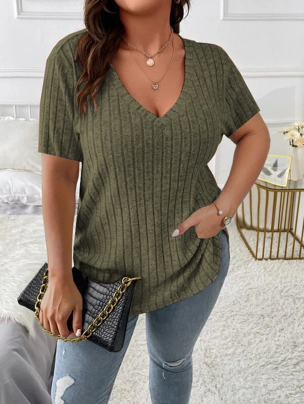Women's Plus Size Ribbed V-Neck Short Sleeve Top