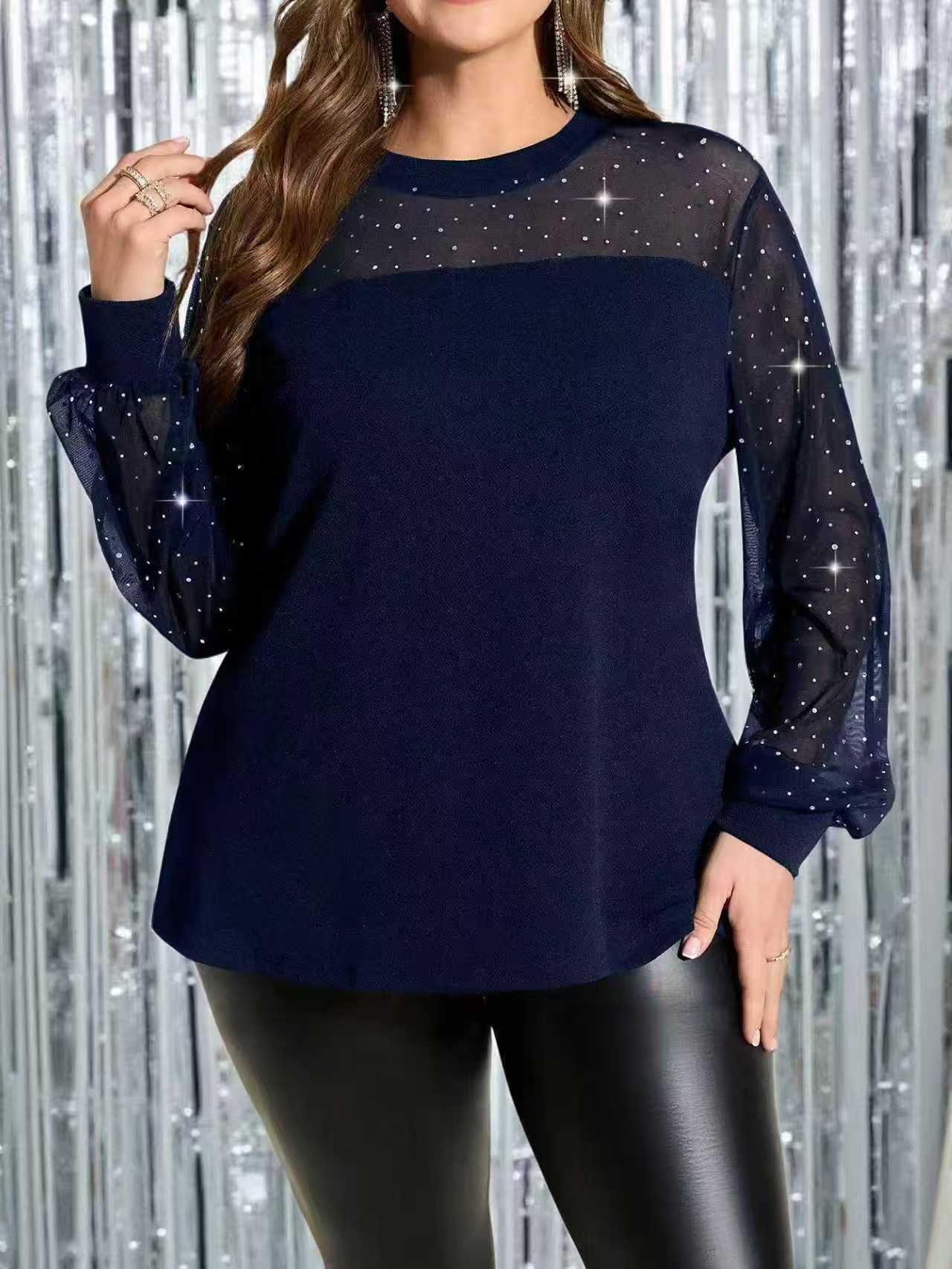 Women's Rhinestone Mesh Panel Long Sleeve Top