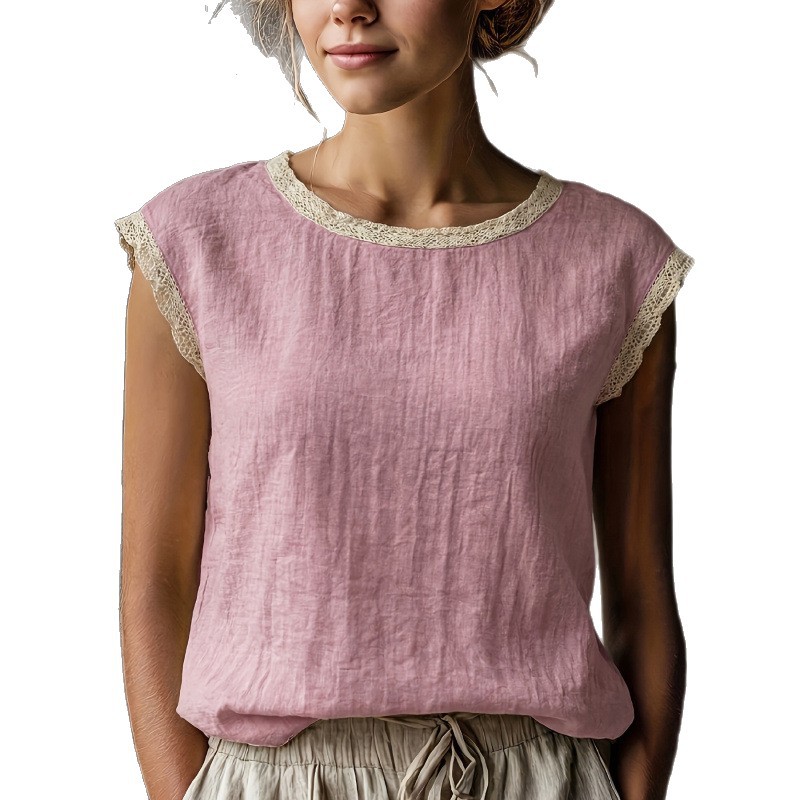 Women's Loose Linen-Blend Round Neck Lace-Trim Sleeveless Shirt