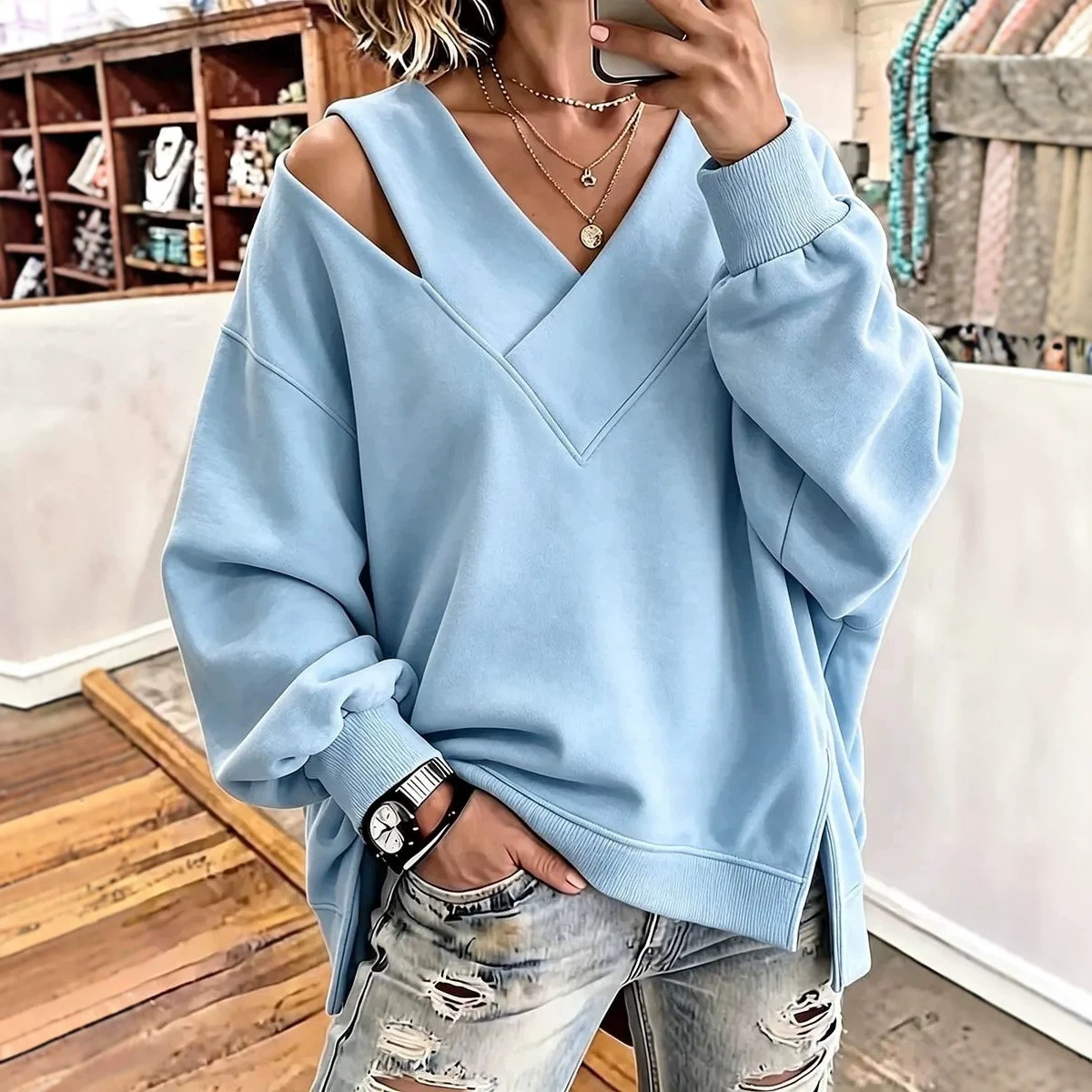 Women's Solid V-Neck Long-Sleeve Loose T-Shirt Sweatshirt