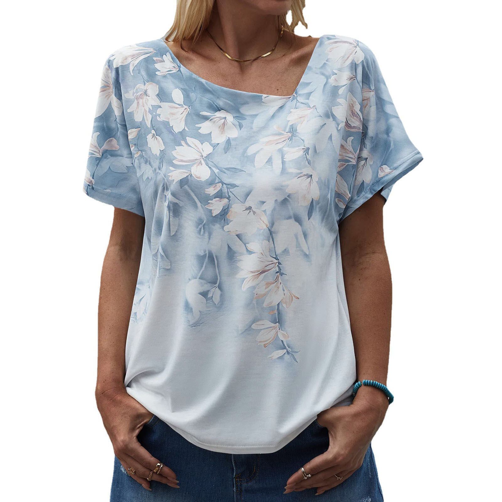 Floral Print Short Sleeve Asymmetric Neck Loose Fit T-Shirt