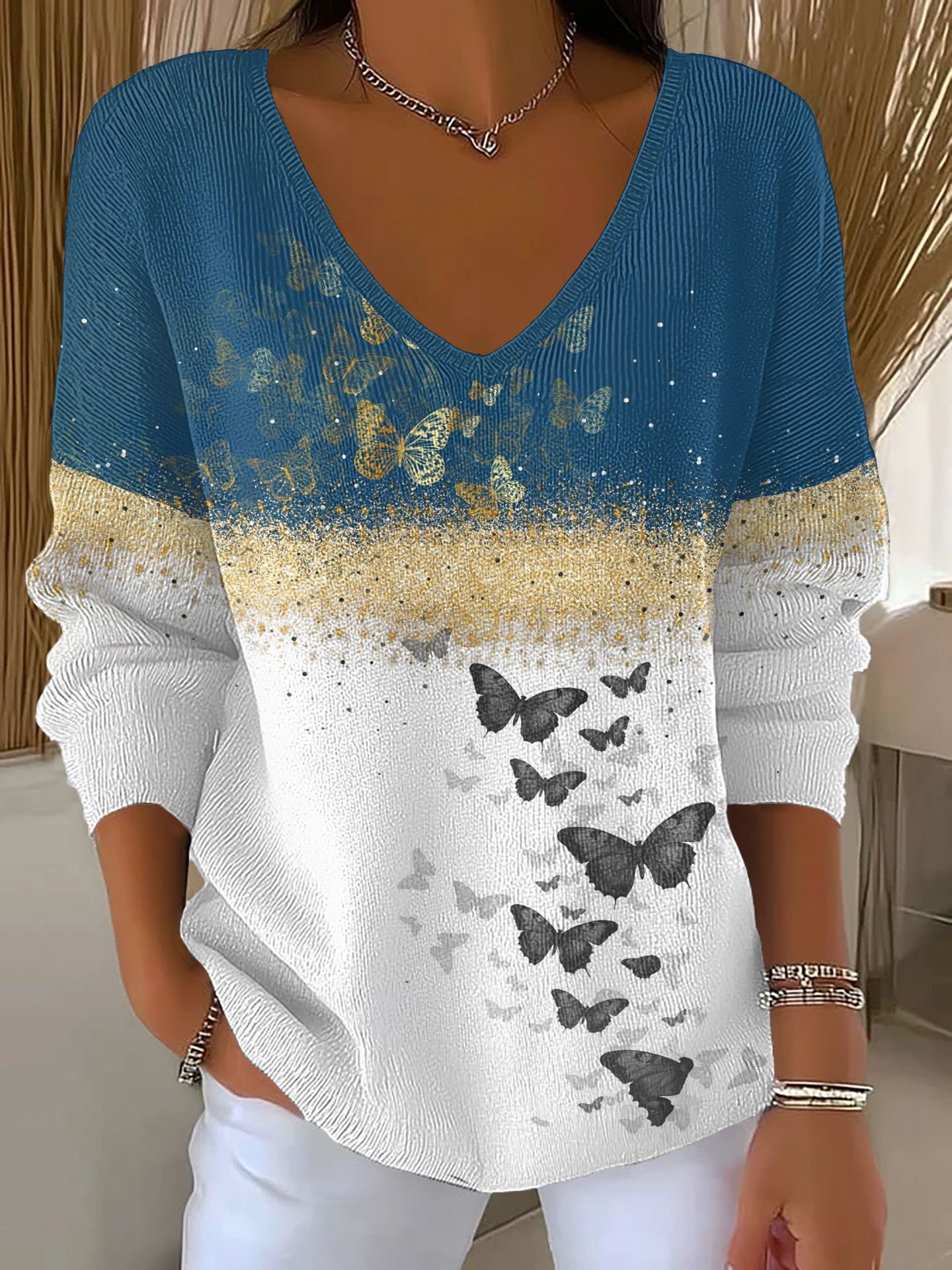 Women's Floral Star Print V-Neck Long-Sleeve T-Shirt