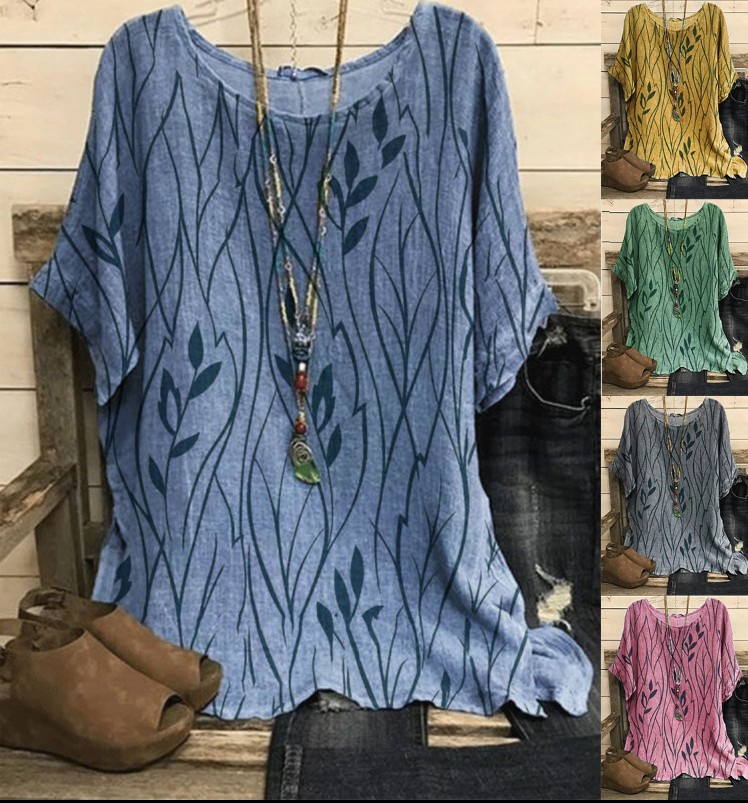 Women's Leaf Print Half-Sleeve T-Shirt