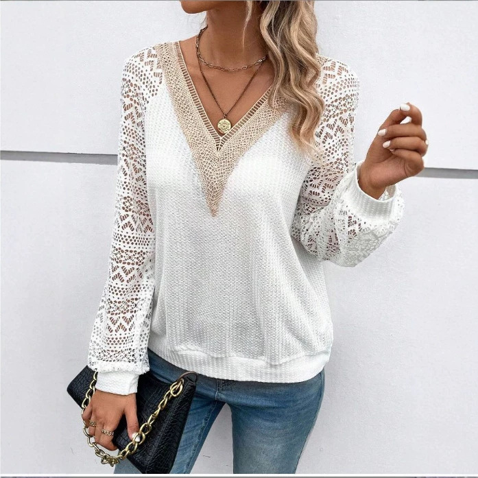 Long Sleeve V-Neck Lace Panel Sheer Casual T-Shirt