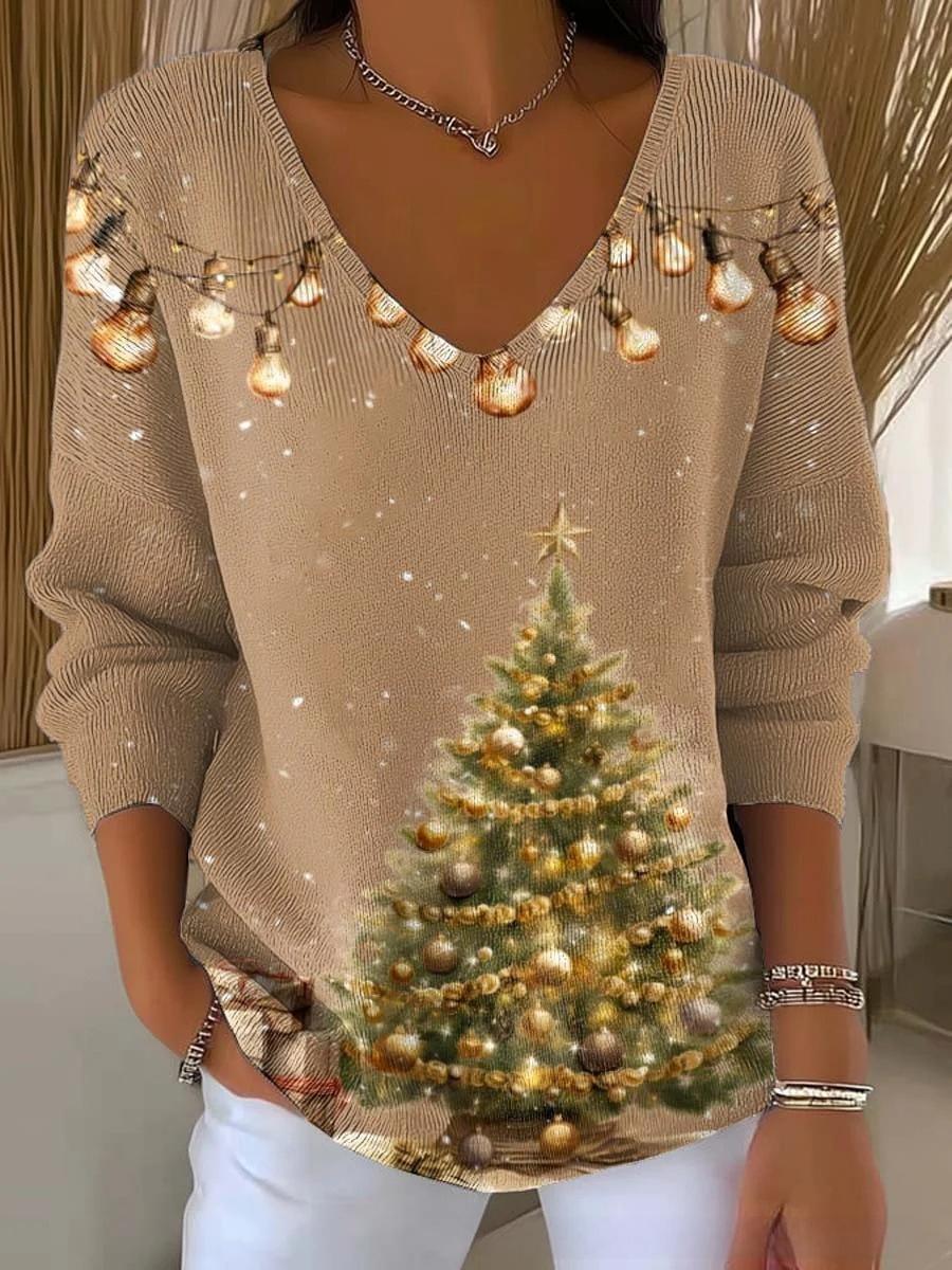 Halloween Plant & Tree Print V-Neck Long-Sleeve T-Shirt for Women