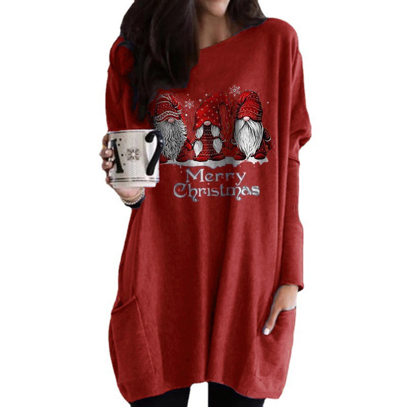 Christmas Santa Print Long-Sleeve Pocket Round-Neck T-Shirt Dress
