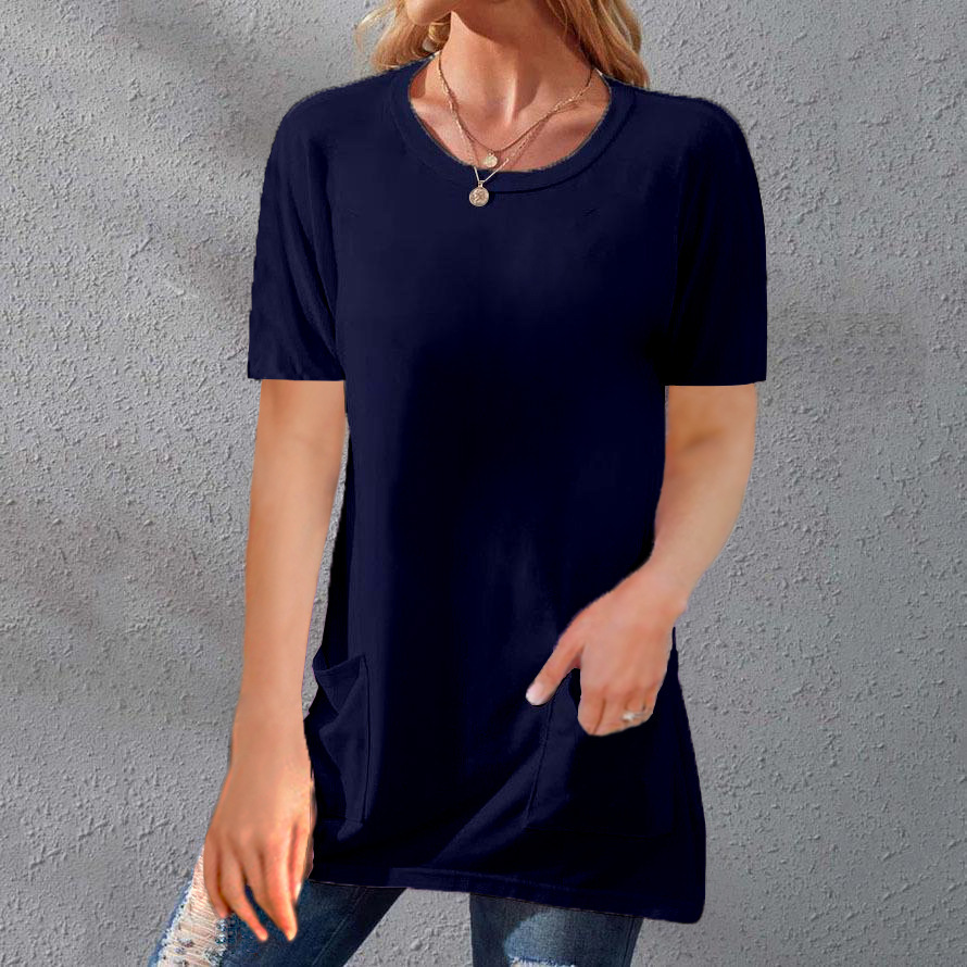 Women's Loose Fit Crewneck Short Sleeve Pocket Solid Midi T-Shirt