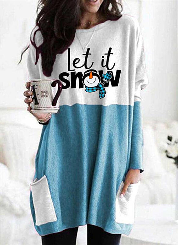 Christmas Letter Snowman Print Crewneck Long-Sleeve T-Shirt