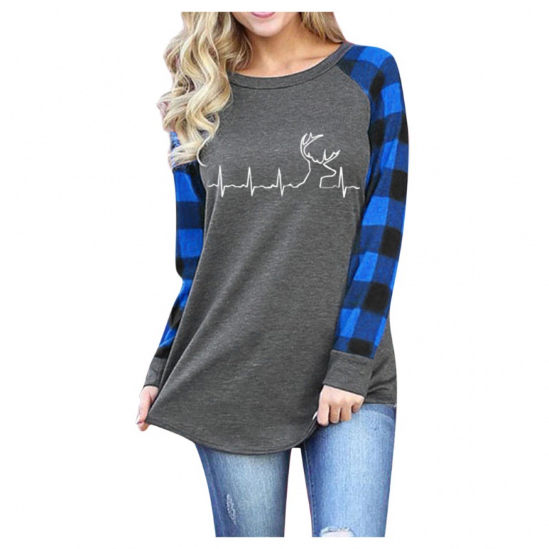 2024 Summer New Cross-Border European and American Women's Clothing Cross-Border European and American Spring and Autumn Plaid Print Round Neck Long Sleeve Top T-Shirt