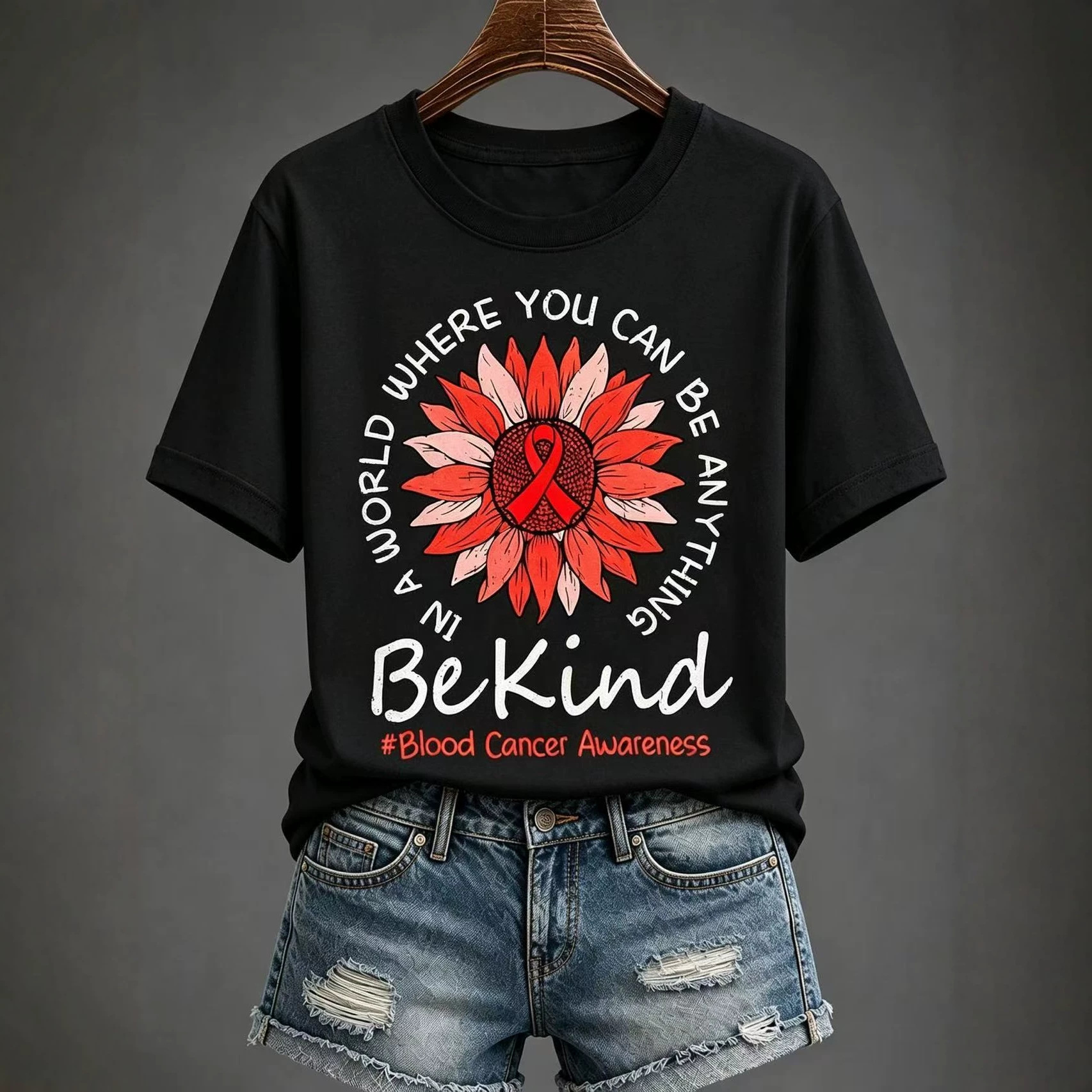 Sunflower Red Ribbon Letter Print Women's V-Neck Short Sleeve T-Shirt