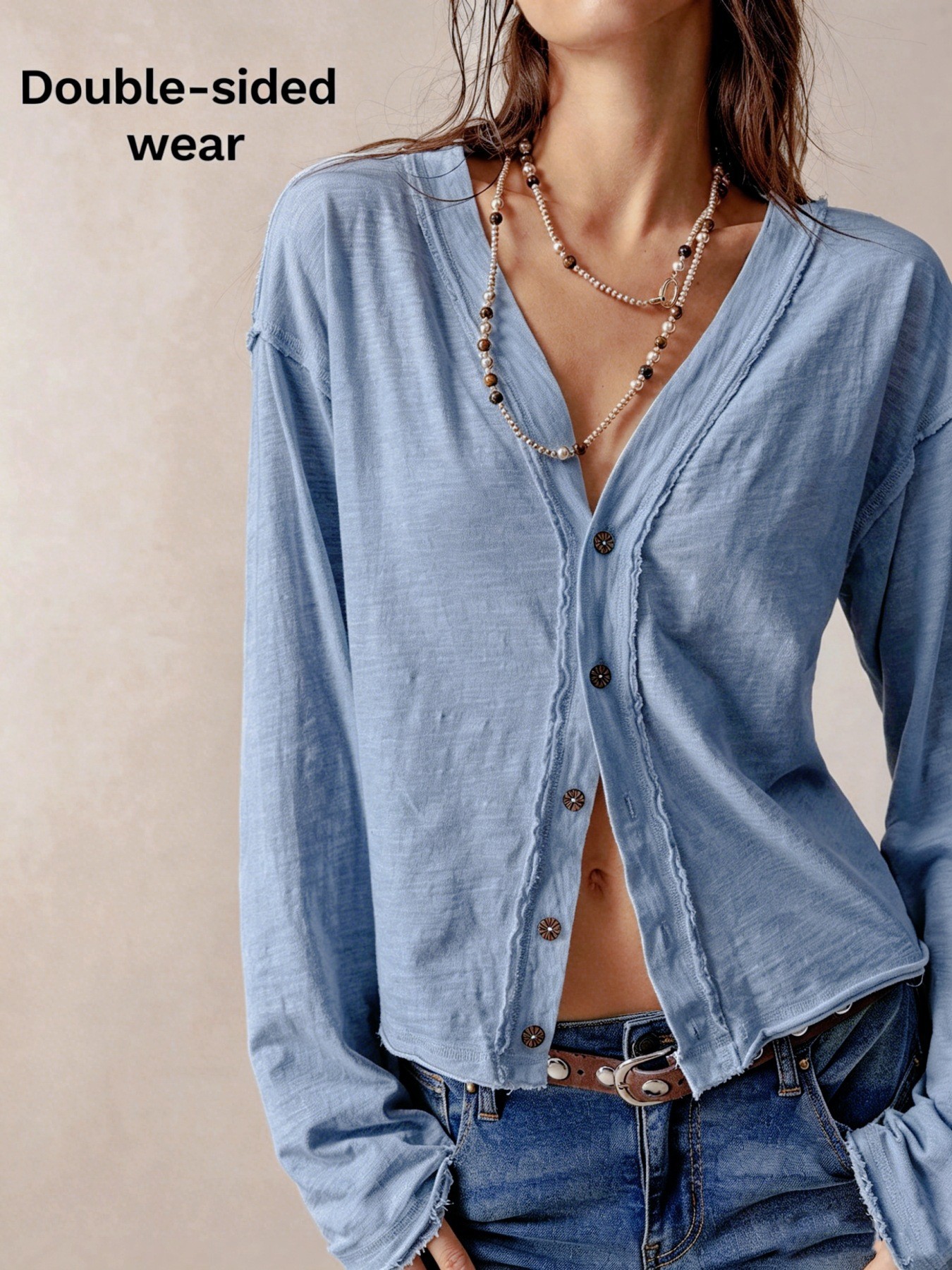 Women's Solid V-Neck Button-Front Long-Sleeve Cardigan Top Reversible Front-Back
