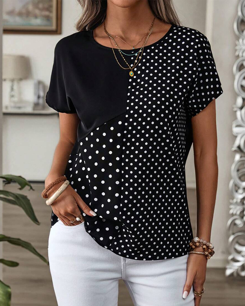 Women's Polka Dot Print Short Sleeve Crew Neck T-Shirt