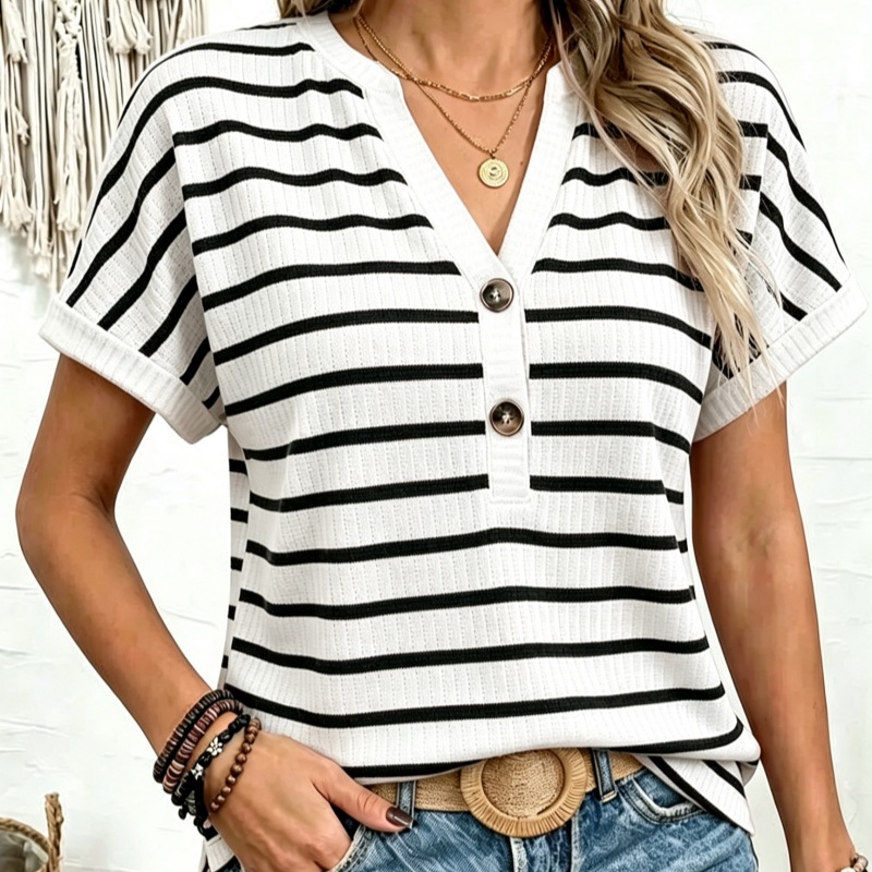 Women's Loose V-Neck Striped Waffle Knit Short Sleeve T-Shirt Casual Top