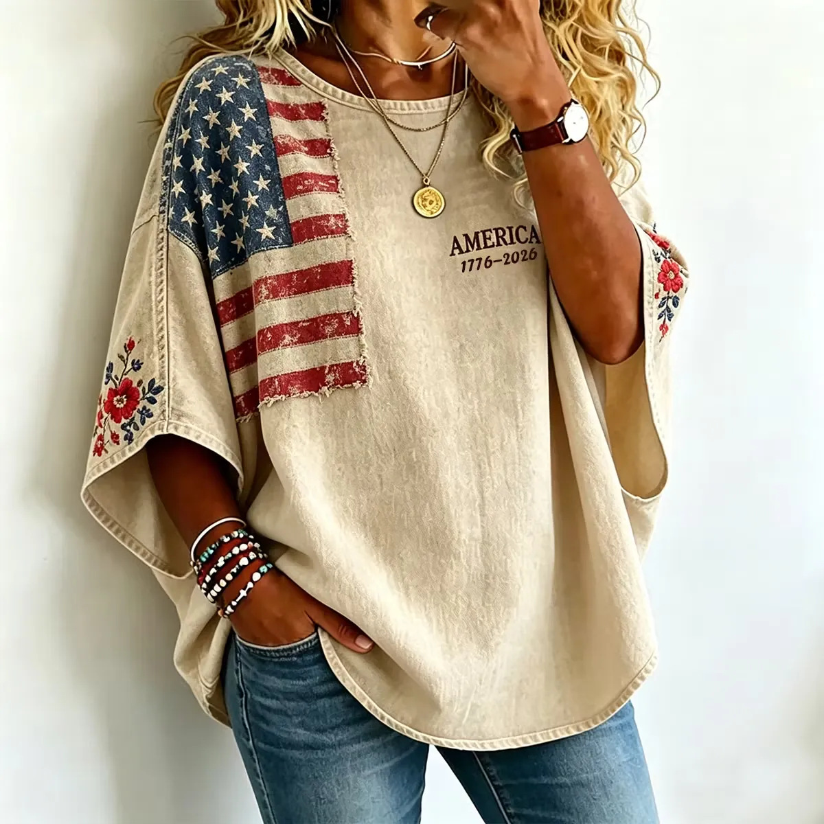 Plaid Floral Print Half-Sleeve Top