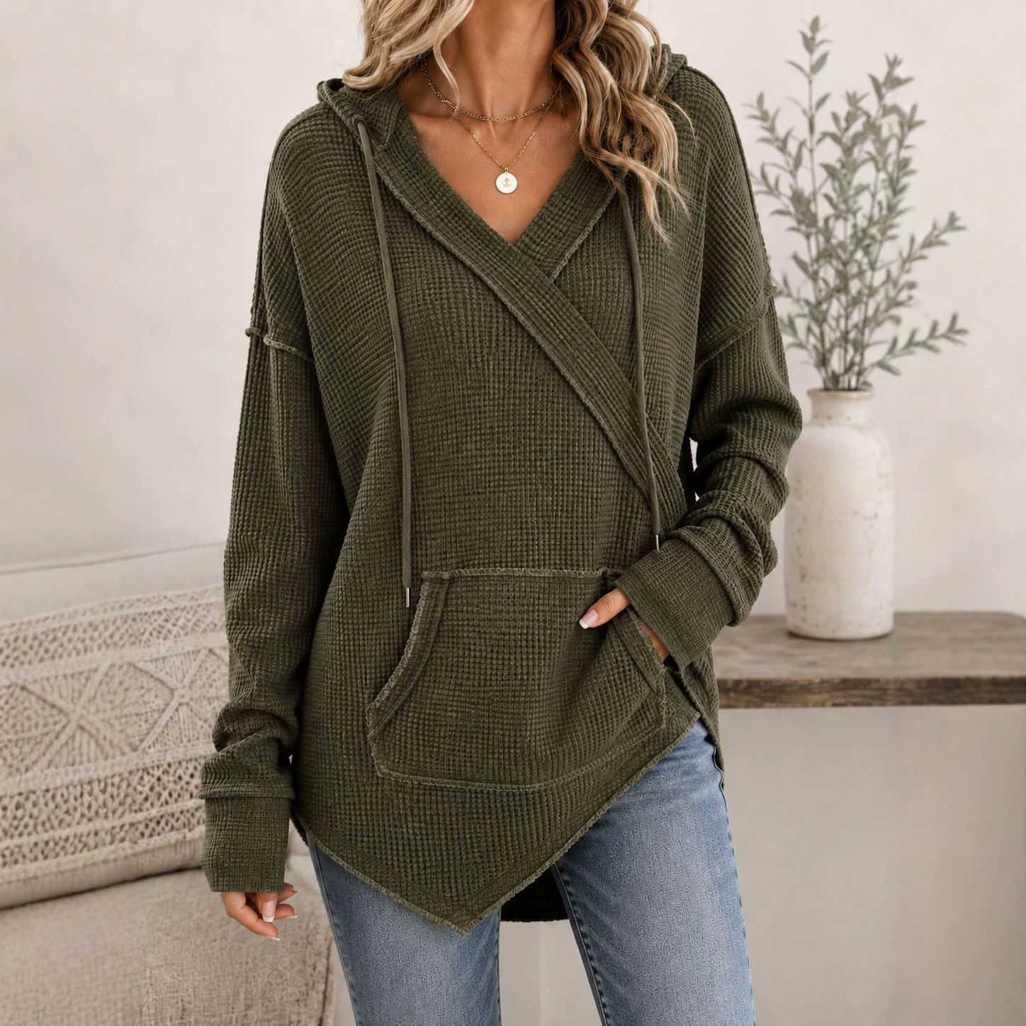 Waffle Knit Drawstring Hoodie Casual Pullover