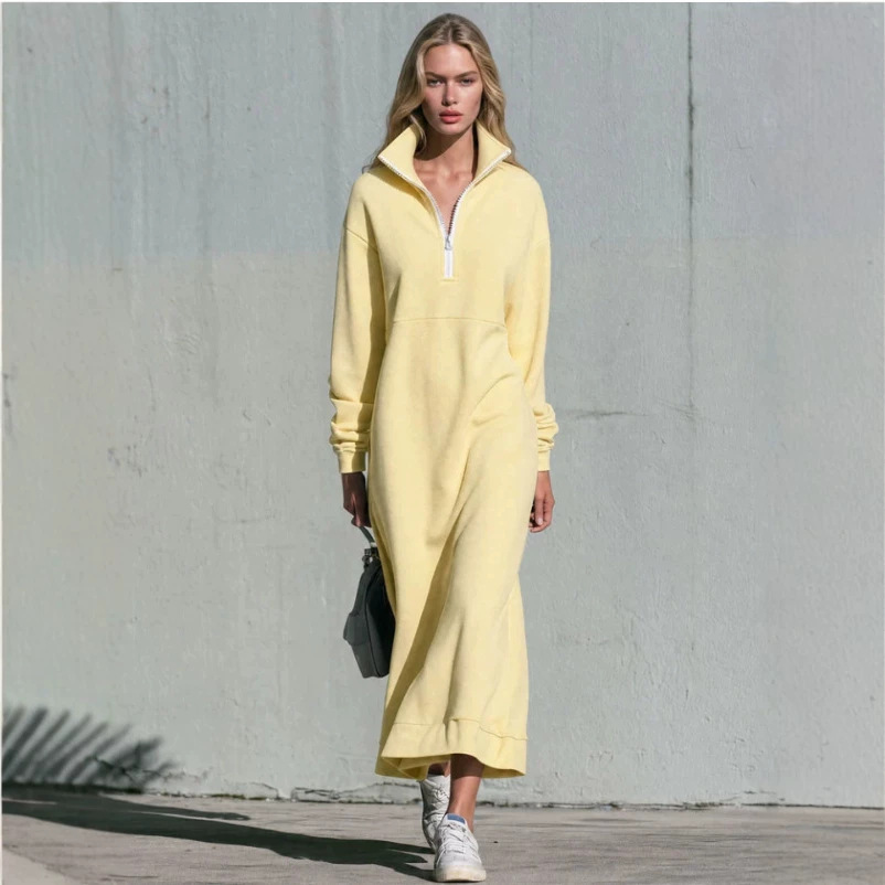 Retro Yellow Collared Half-Zip Long Dress