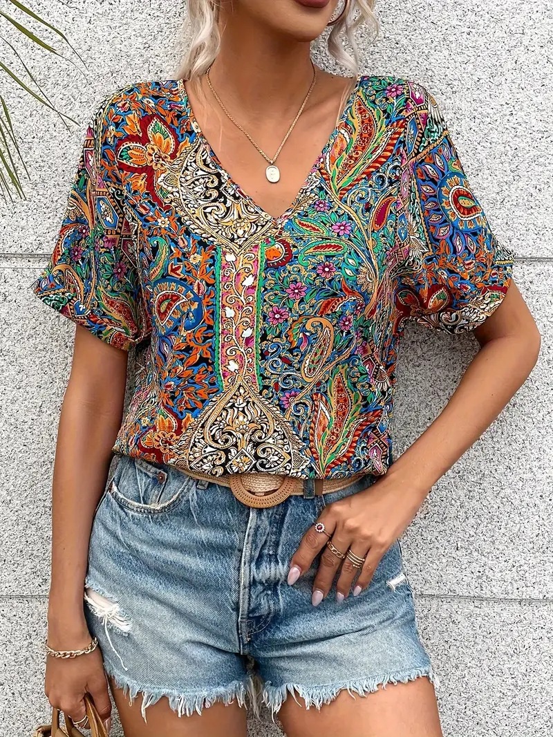 Paisley Print V-Neck Short-Sleeve Boho Blouse