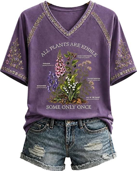 Retro Poisonous Plant Graphic Print Short Sleeve Tee for Women