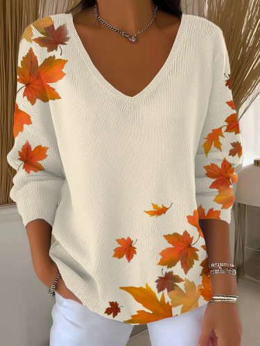 Maple Leaf Print V-Neck Long-Sleeve T-Shirt