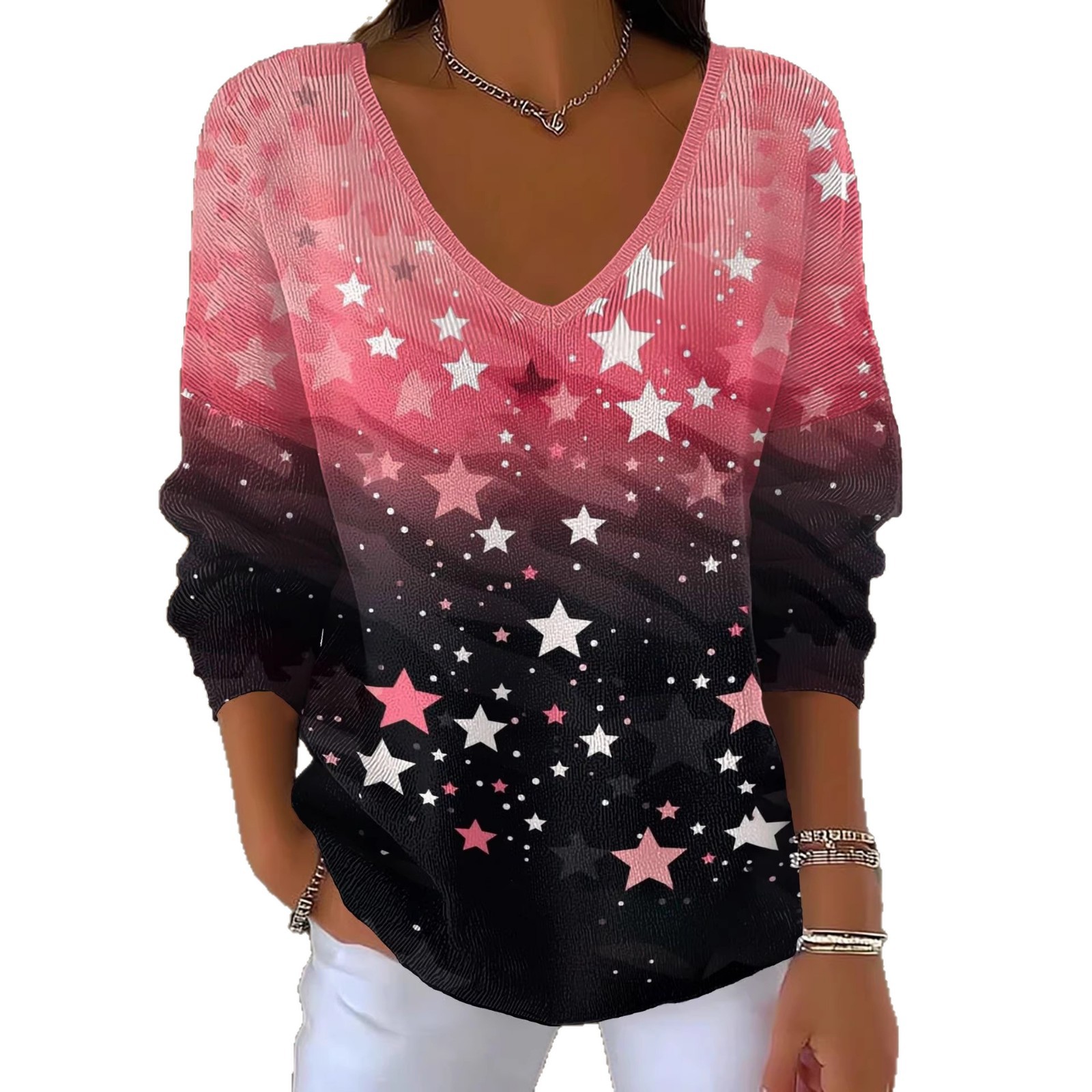 Women's Floral Star Print V-Neck Long-Sleeve T-Shirt