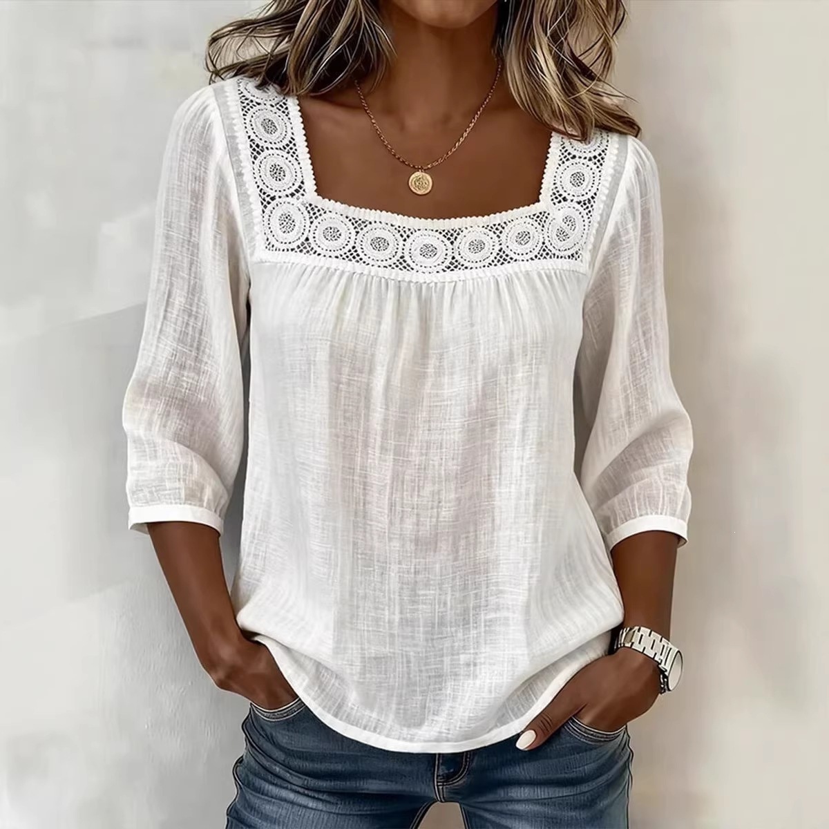Women's Summer Square Neck Lace Trim 3/4 Sleeve Cotton Linen Top