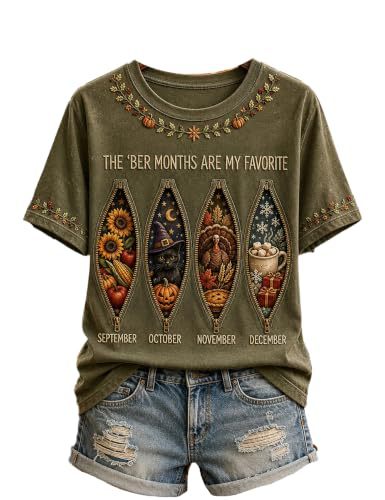 Olive Pumpkin Maple Leaf Print Short Sleeve T-Shirt