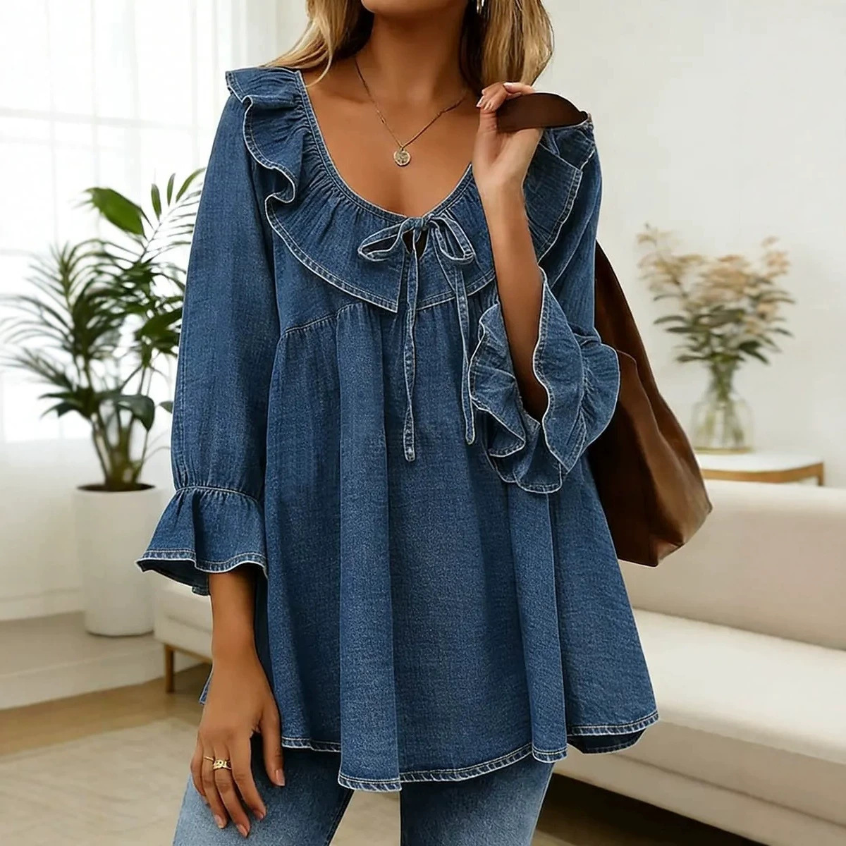 Women's Casual Loose V-Neck Ruffle Sleeve T-Shirt